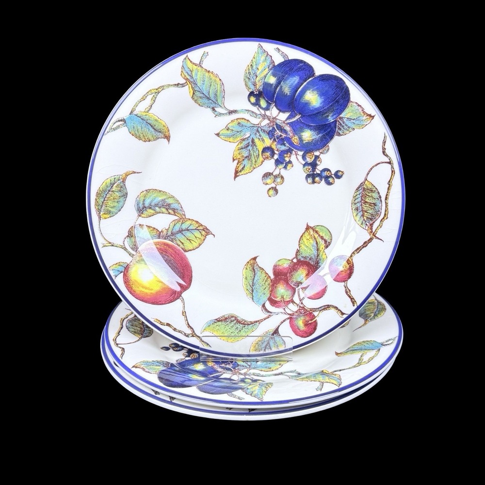 Pier 1 England Macintosh Italy Fruit Dinner Plates Set of 3 Blue Rim 10"